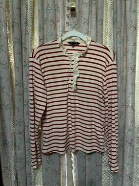Strut & Bolt Ruffle Neck Striped Henley Top Medium Red Cream